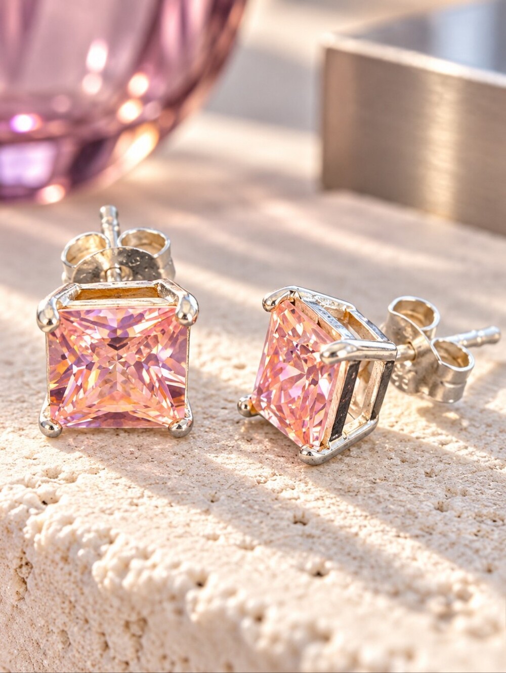 925 Sterling Silver Pink Princess Cut Crystal Stud Earrings 6mm